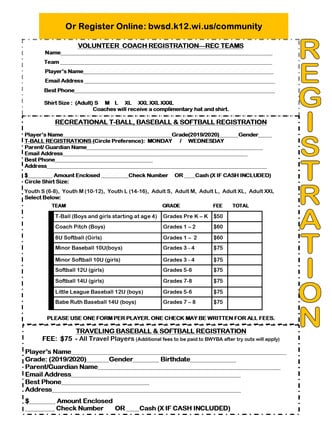 T-Ball, Baseball, Softball Registration Form
