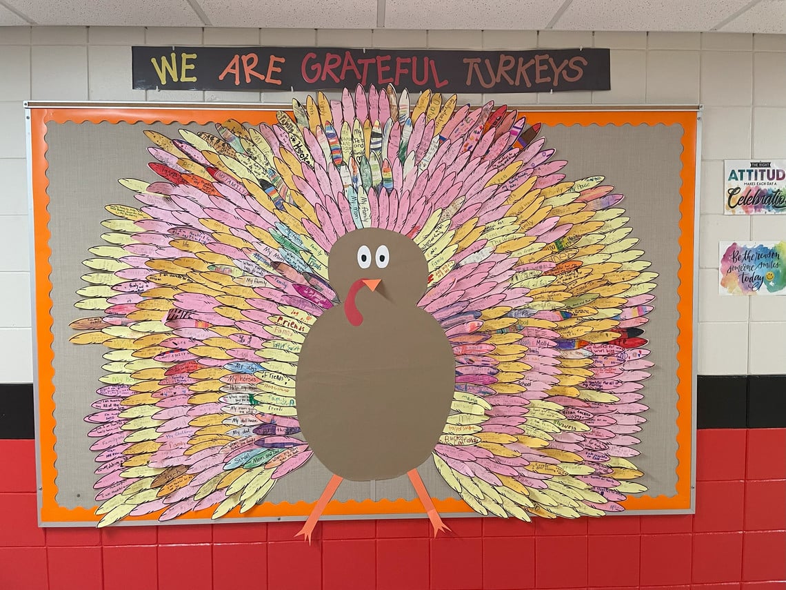 Turkey constructed of paper with words of thought on each feather.